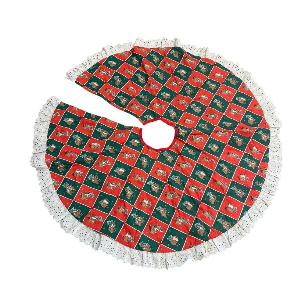 Vintage Christmas Tree Skirt Quilted Round Ruffle Reversible Country Patchwork